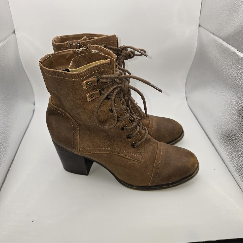 Madden Girl Combat Army Boots Womens 8.5M Westmont Brown Lace Up Heels Side Zip